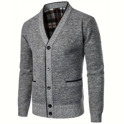 Men's V-Neck Cardigan Plaid Lining Side Pockets