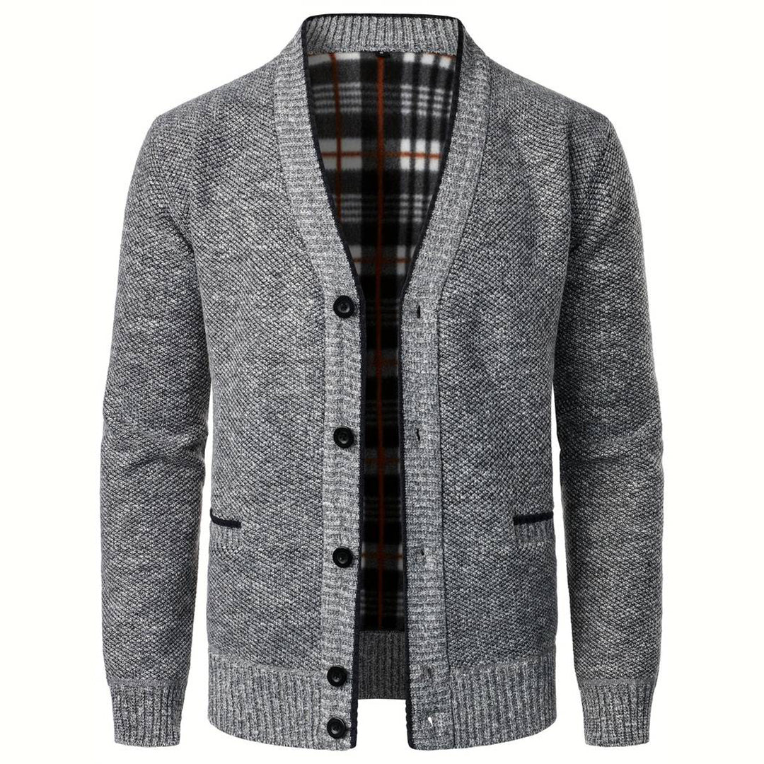 Men's V-Neck Cardigan Plaid Lining Side Pockets - VibreMode