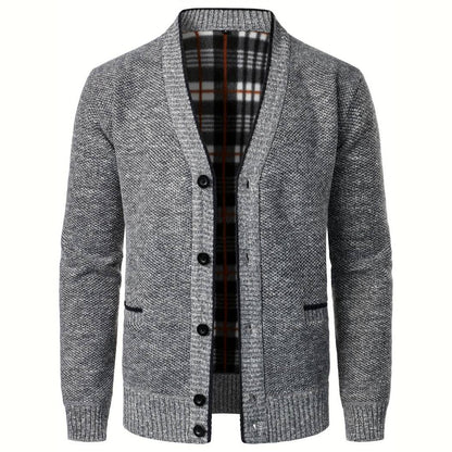 Men's V-Neck Cardigan Plaid Lining Side Pockets - VibreMode