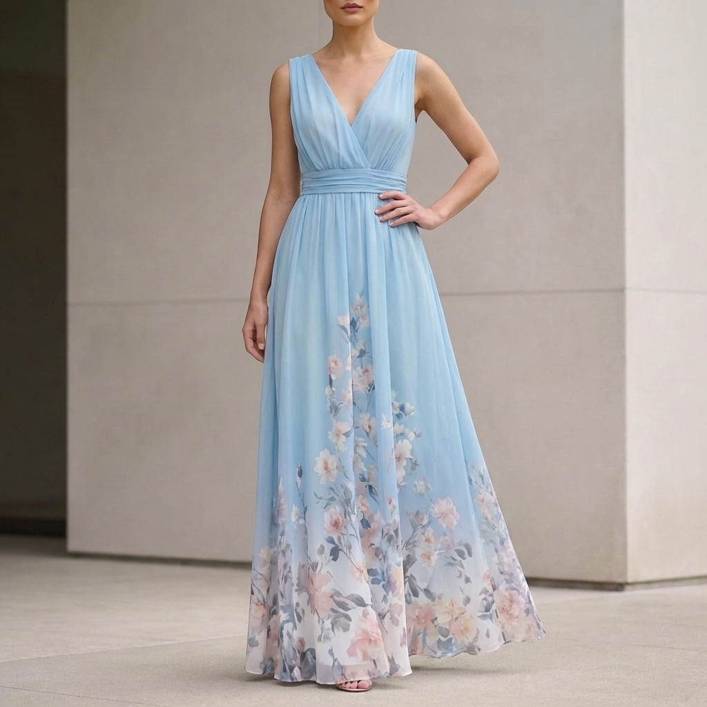 Women's Chiffon Maxi Dress V-Neck Floral - VibreMode