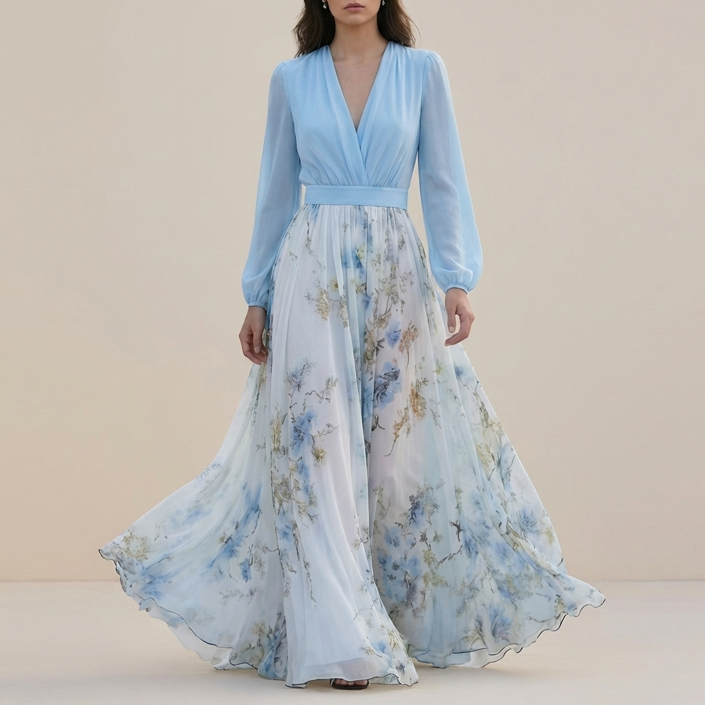 Women's Chiffon Maxi Dress Floral Belted Waist