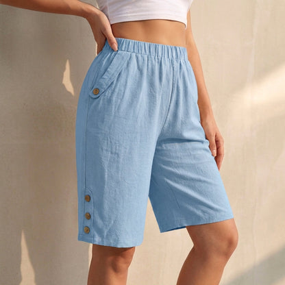 Women's High-Waist Knee-Length Shorts Button Accent