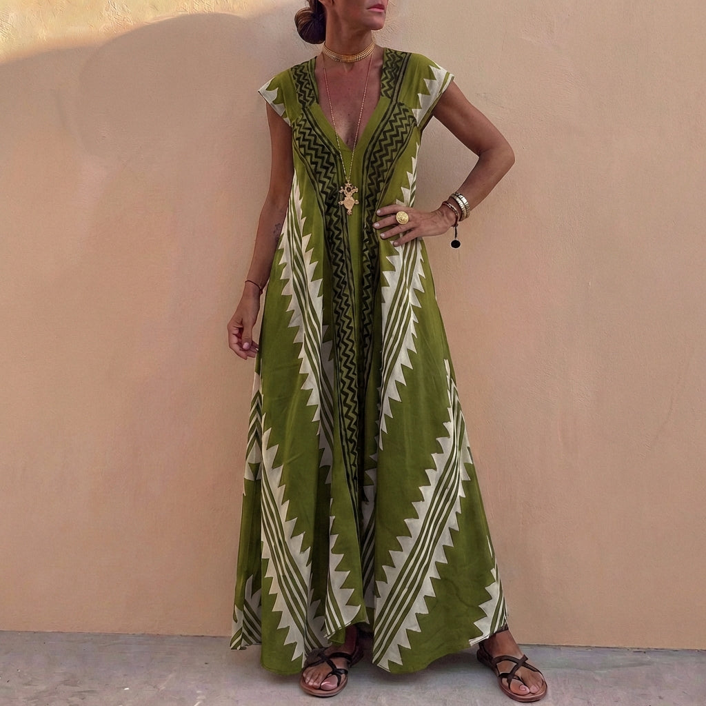 Bohemian A-Line Maxi Dress Deep V-Neck Geometric Print