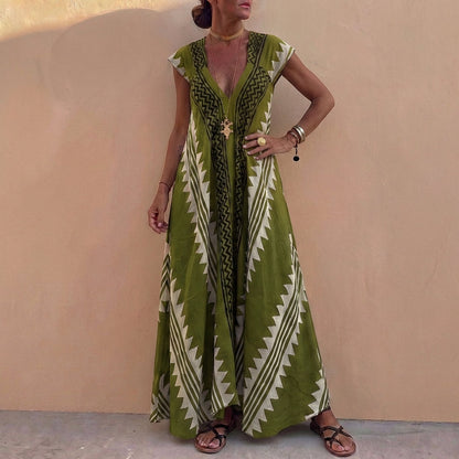Bohemian A-Line Maxi Dress Deep V-Neck Geometric Print