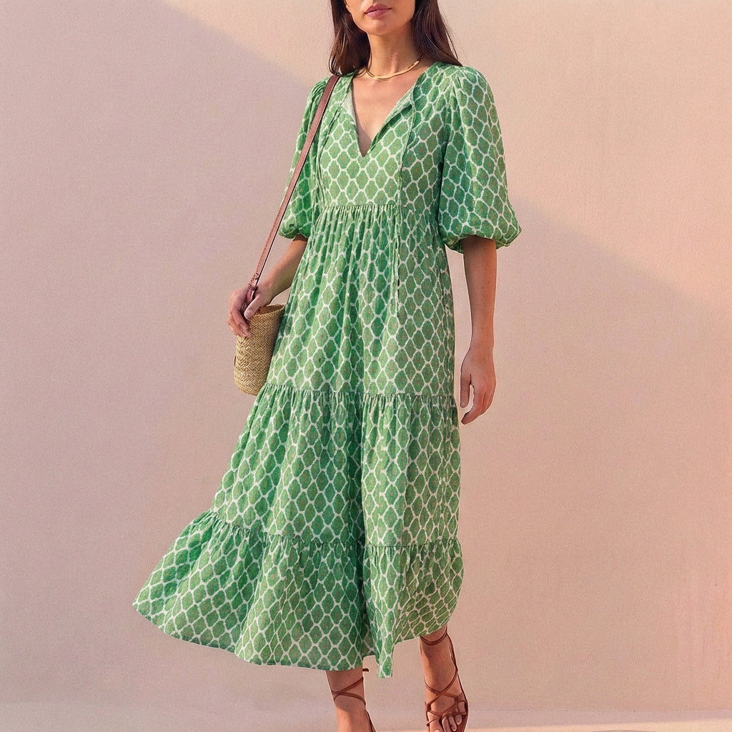 Women's V-Neck Midi Dress Puff Sleeves Tiered Skirt
