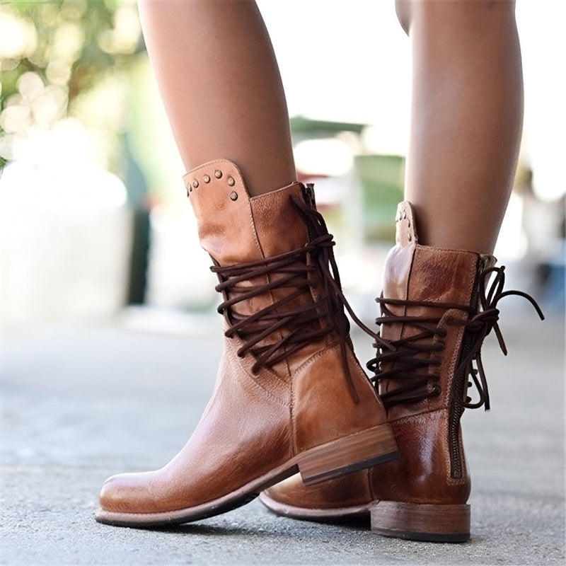 Women's Vintage Mid Calf Boots Studded Lace Up Low Heel