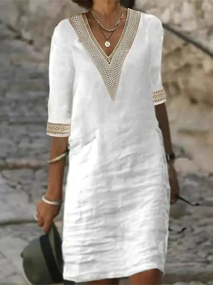 Women's Linen V-Neck Dress Comfortable - VibreMode