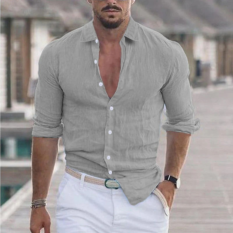 Men's Linen Dress Shirt Turn-Down Collar