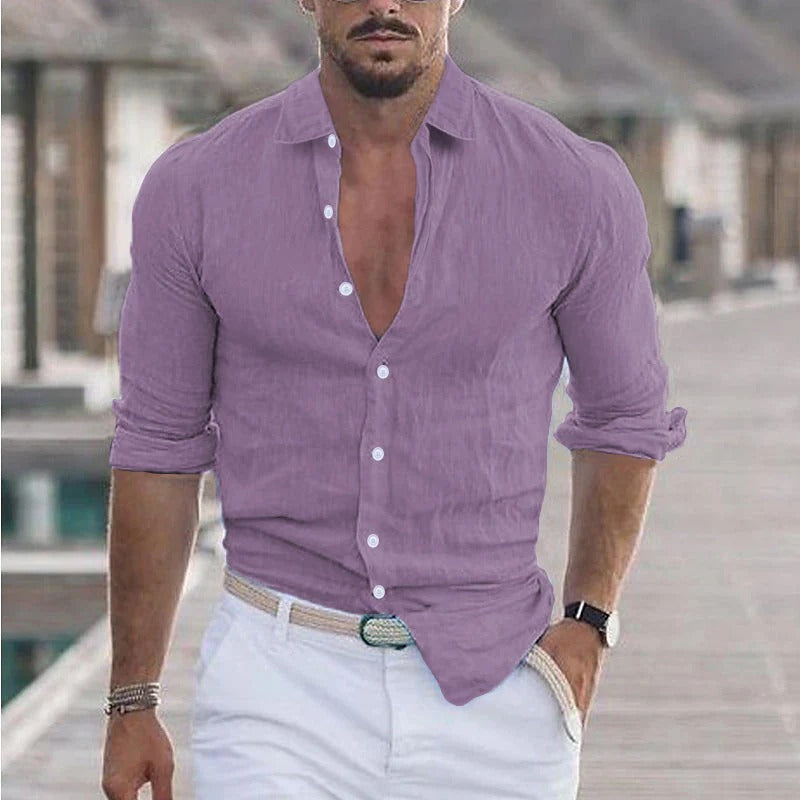 Men's Linen Dress Shirt Turn-Down Collar
