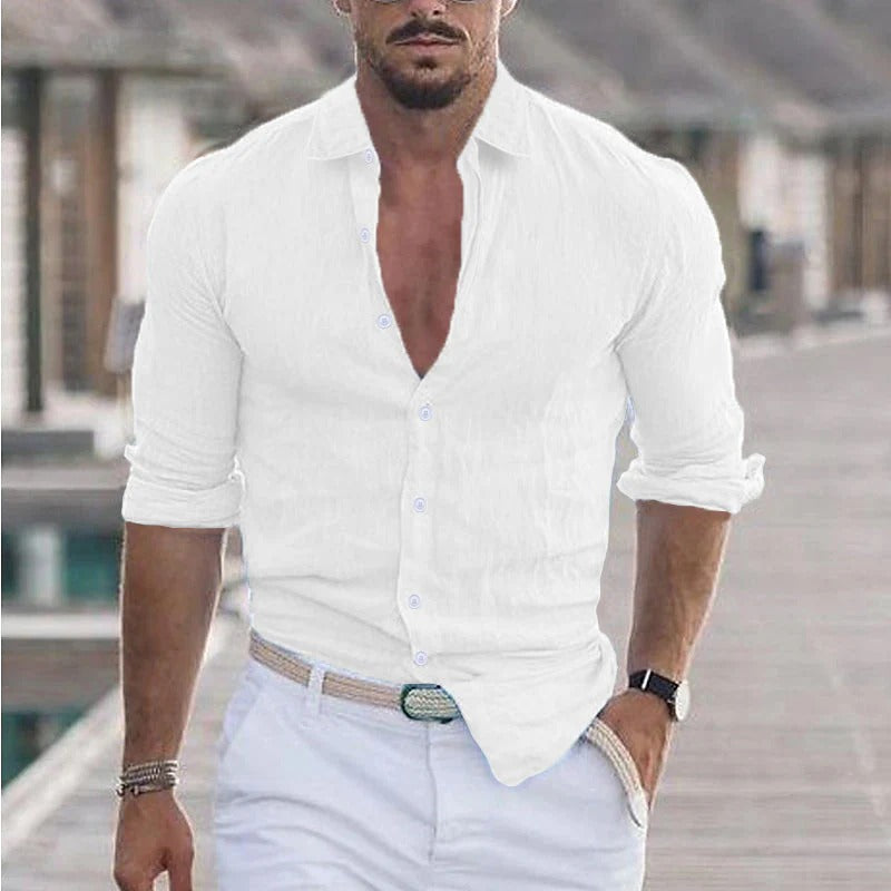 Men's Linen Dress Shirt Turn-Down Collar