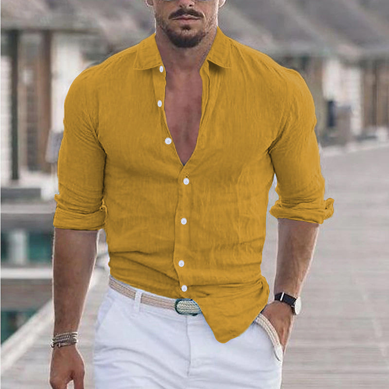 Men's Linen Dress Shirt Turn-Down Collar