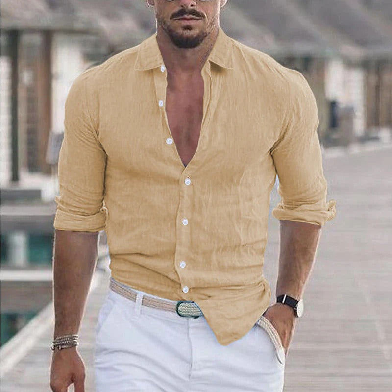 Men's Linen Dress Shirt Turn-Down Collar - VibreMode