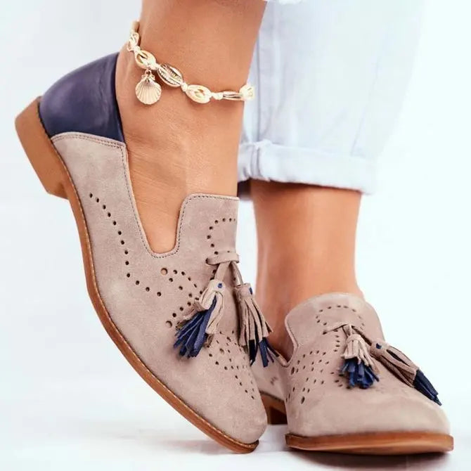 Men's Perforated Suede Loafers Dual Tassels Brown