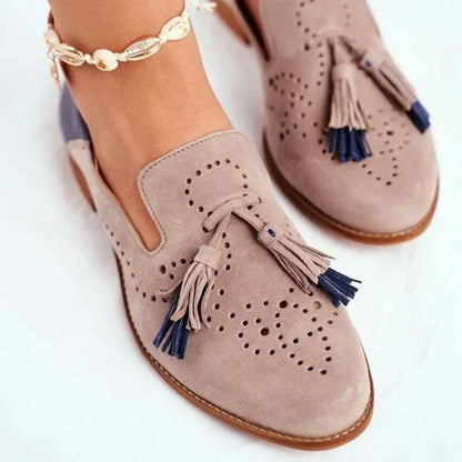 Men's Perforated Suede Loafers Dual Tassels Brown