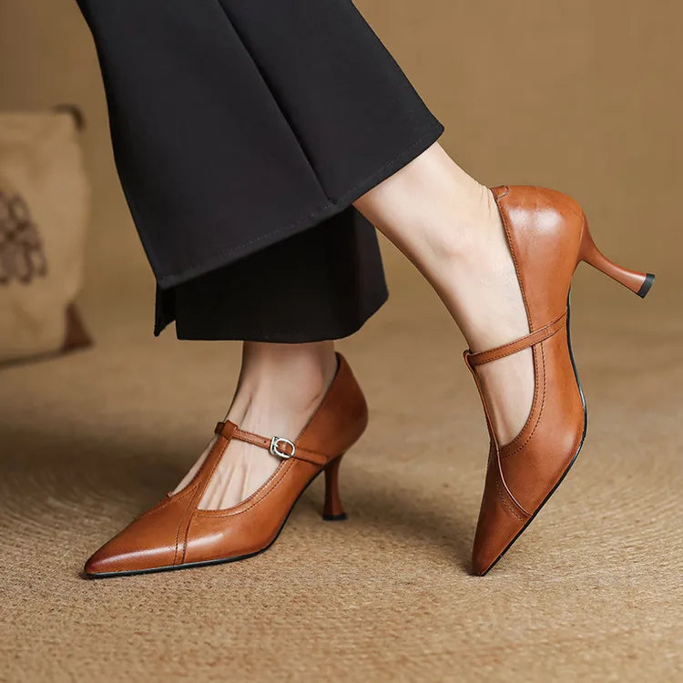 Women's Pointed Toe Ankle Heels T-Strap Design - VibreMode