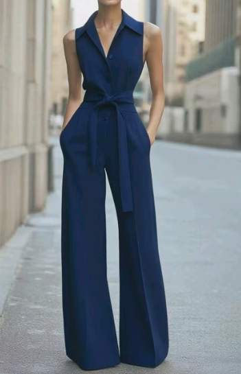 Chic Ladies Summer Waist Belt Jumpsuit