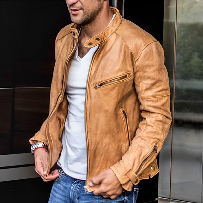 Men's Leather Jacket Stand Collar Zip Pockets Black