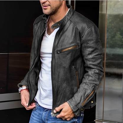 Men's Leather Jacket Stand Collar Zip Pockets Black - VibreMode