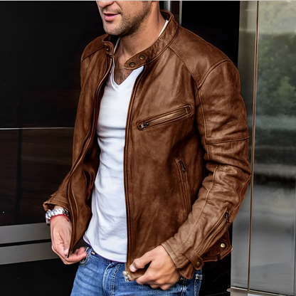 Men's Leather Jacket Stand Collar Zip Pockets Black