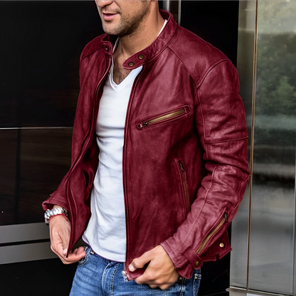 Men's Leather Jacket Stand Collar Zip Pockets Black