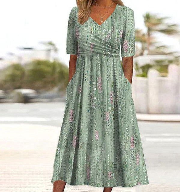 Chic Floral V Neck Midi Dress for Women - VibreMode