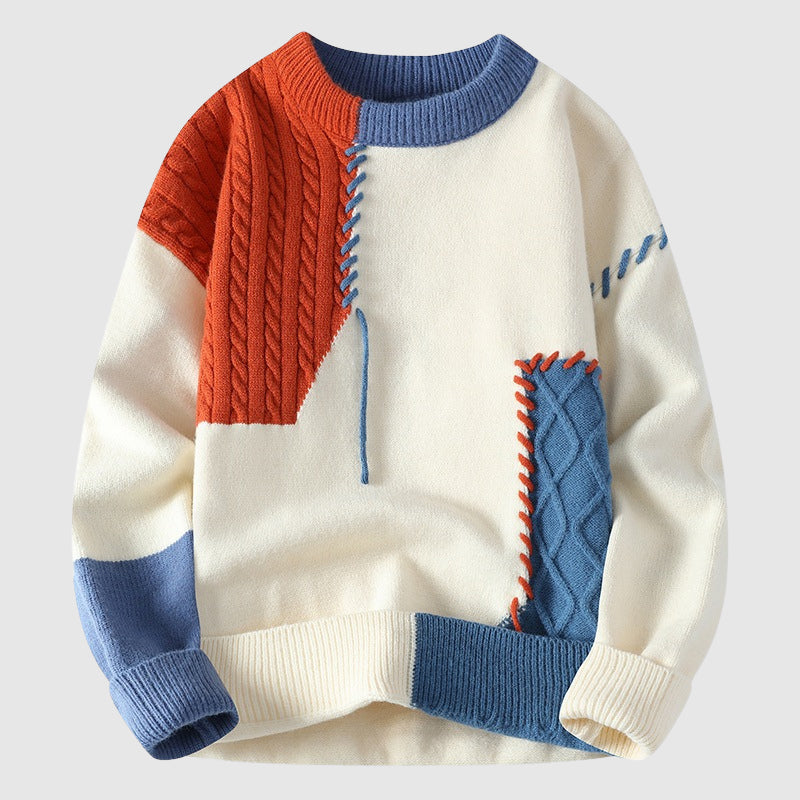 Men's Cable Knit Sweater Color Block Design - VibreMode