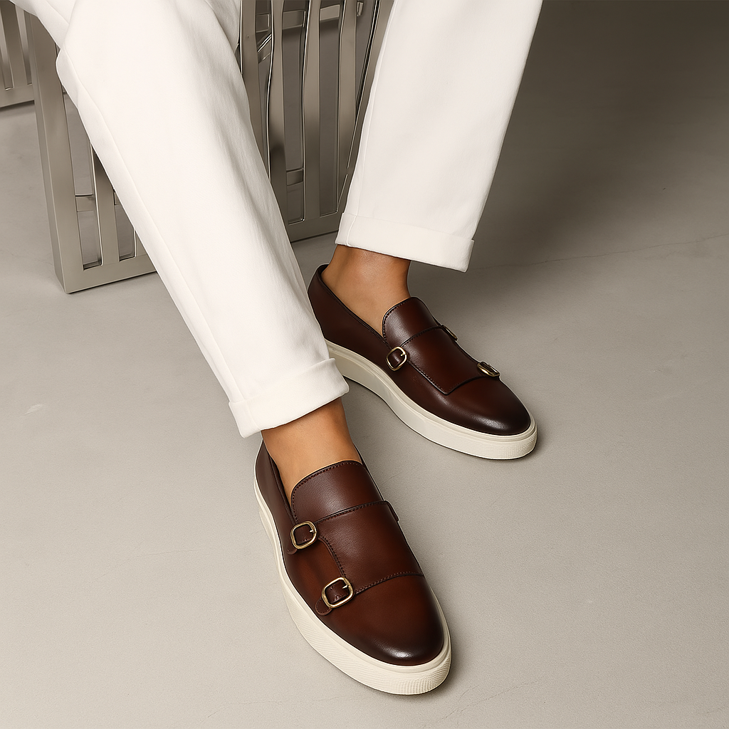 Men's Faux Leather Loafers Buckle Detail Black
