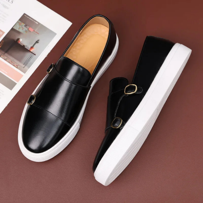 Men's Faux Leather Loafers Buckle Detail Black