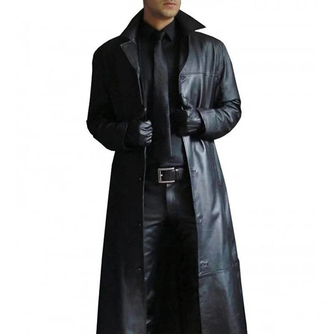 Men's Faux Leather Winter Coat Long
