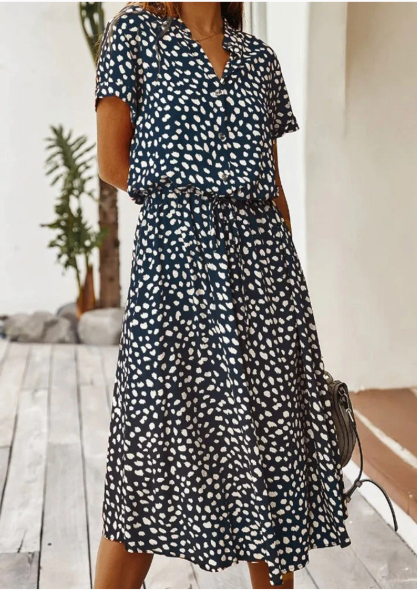 Women's Spotted Print Midi Dress Button Down