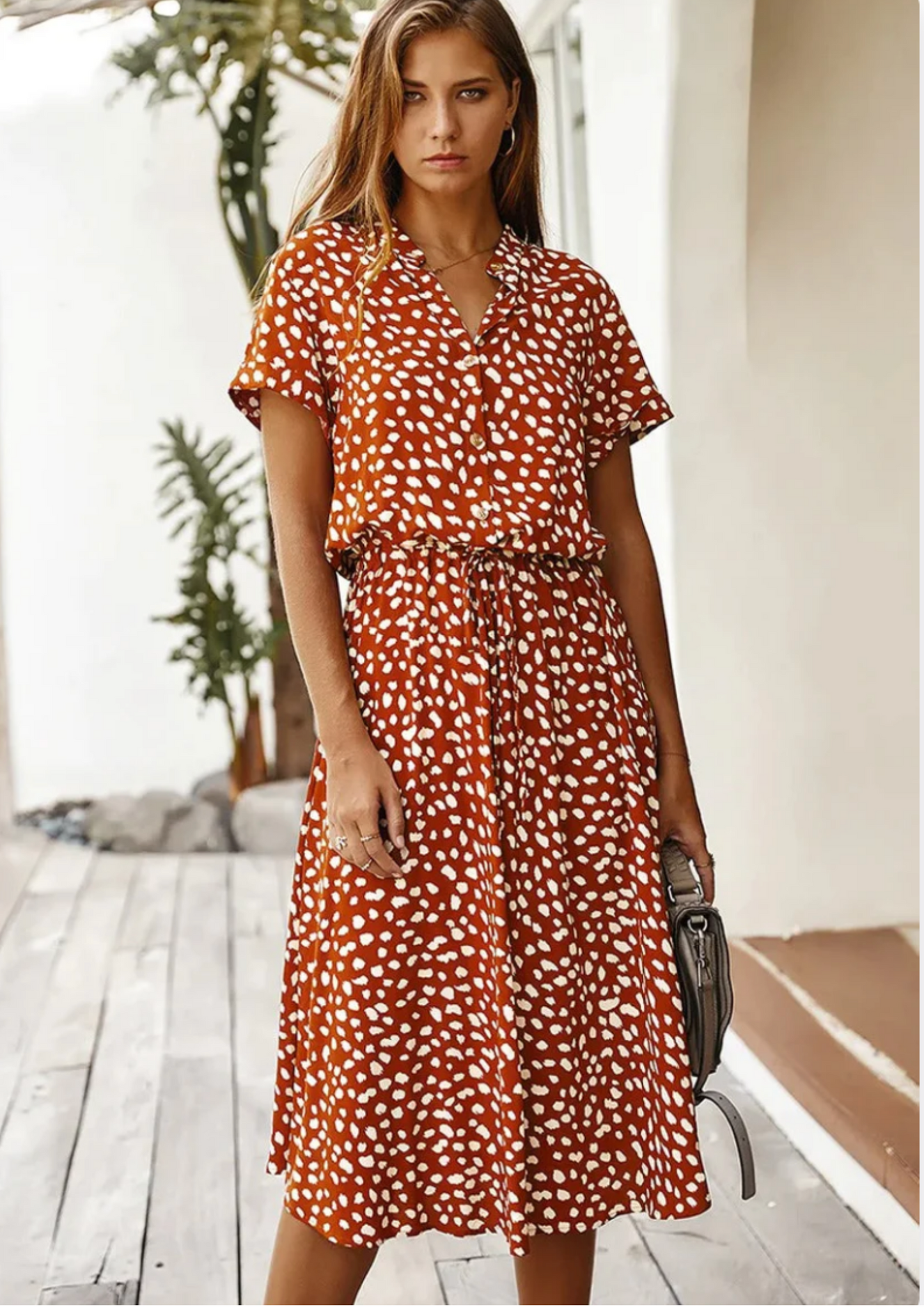 Women's Spotted Print Midi Dress Button Down