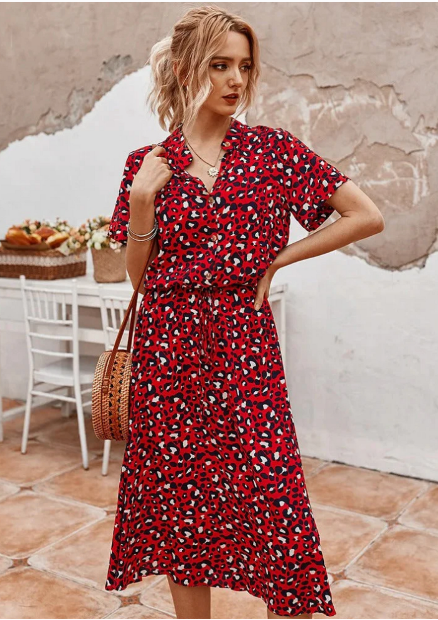 Women's Spotted Print Midi Dress Button Down