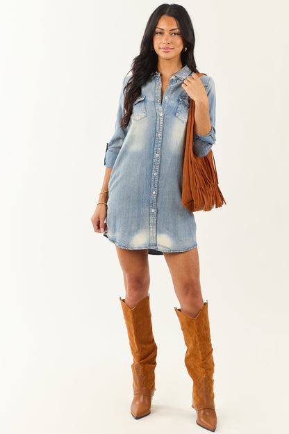 Women's Chambray Mini Dress Vintage Wash Blue