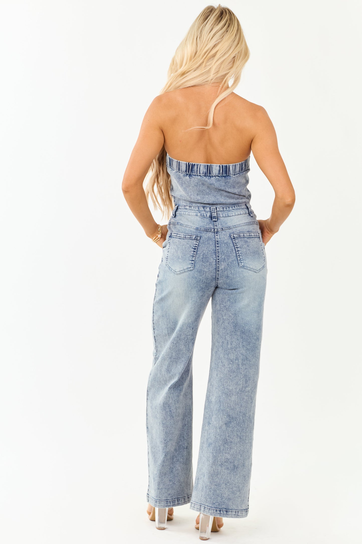 Women's Strapless Wide Leg Denim Jumpsuit Medium Wash