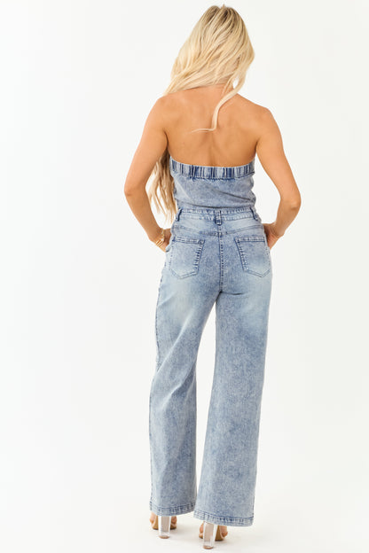 Women's Strapless Wide Leg Denim Jumpsuit Medium Wash