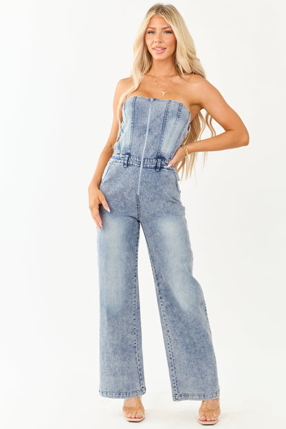 Women's Strapless Wide Leg Denim Jumpsuit Medium Wash - VibreMode