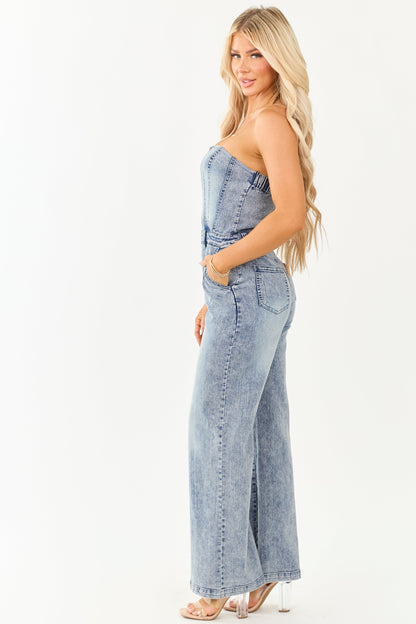 Women's Strapless Wide Leg Denim Jumpsuit Medium Wash