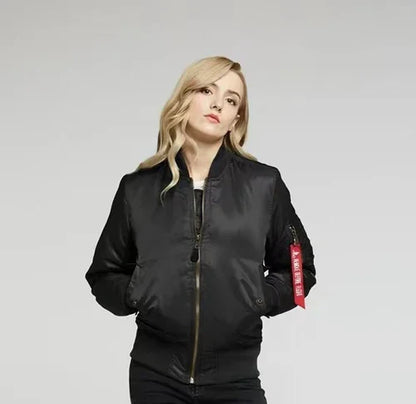 Women's Windproof Bomber Jacket Zip Pocket Ribbed Cuffs