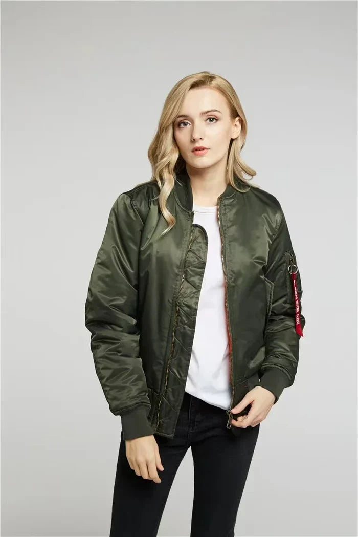 Women's Windproof Bomber Jacket Zip Pocket Ribbed Cuffs - VibreMode