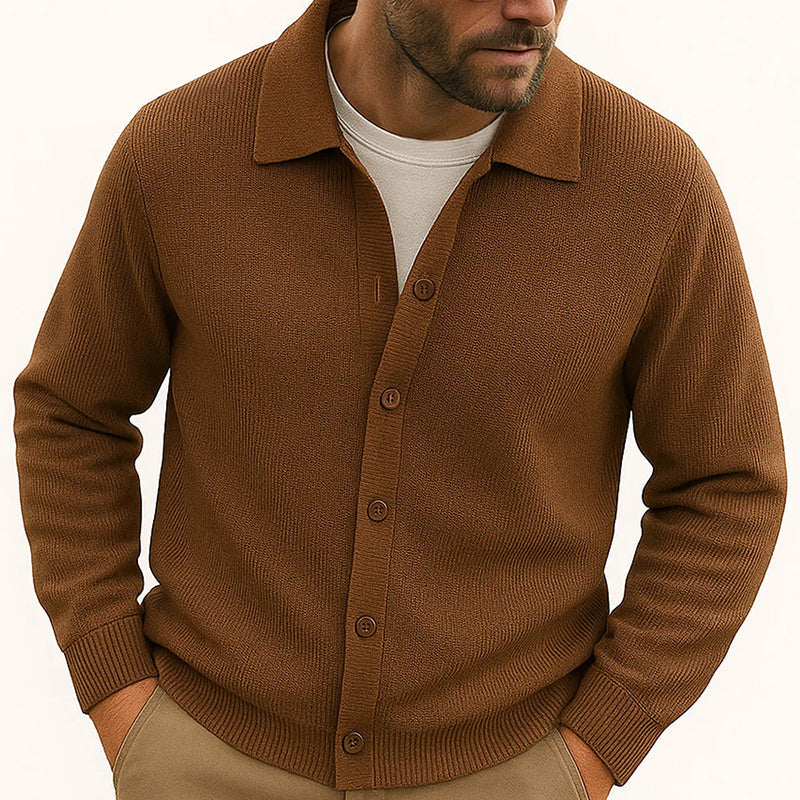 Men's Cozy Knit Button-Up Cardigan with Turn-Down Collar, Perfect Layering