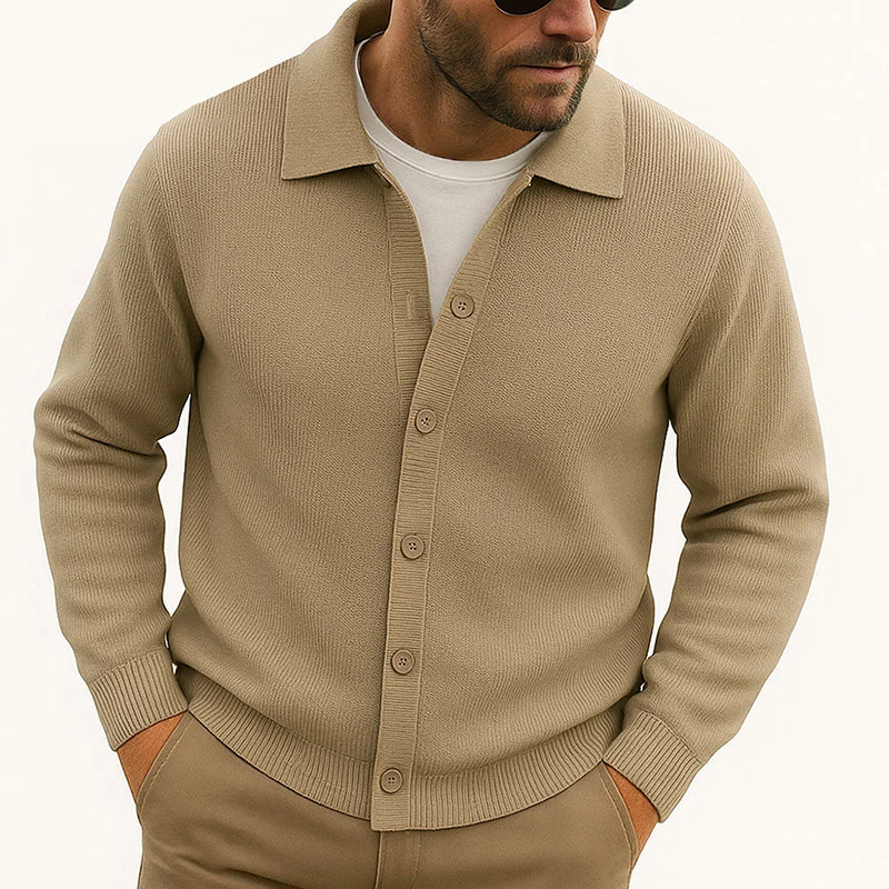 Men's Cozy Knit Button-Up Cardigan with Turn-Down Collar, Perfect Layering