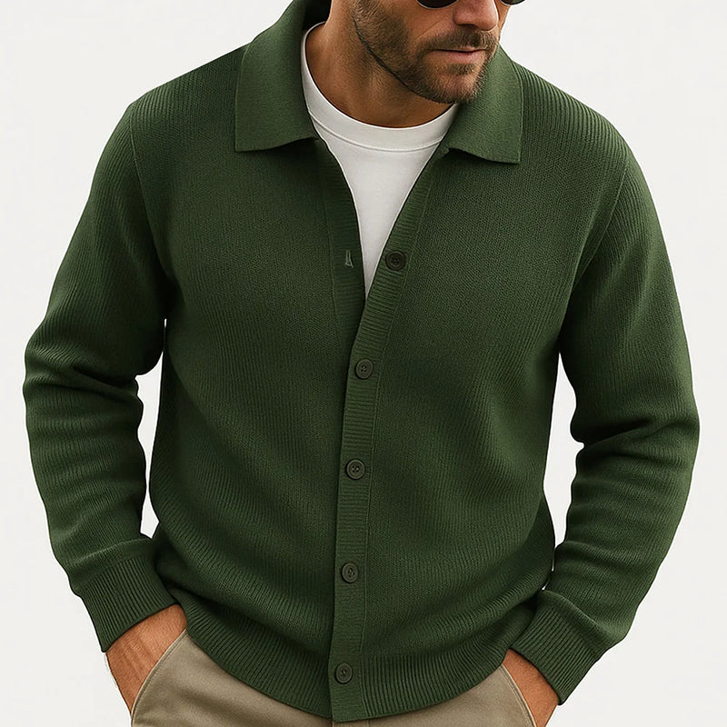 Men's Knit Cardigan Button-Up Turn-Down Collar Beige - VibreMode