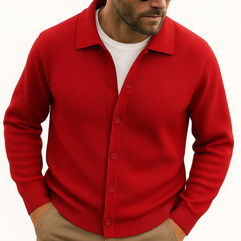 Men's Cozy Knit Button-Up Cardigan with Turn-Down Collar, Perfect Layering