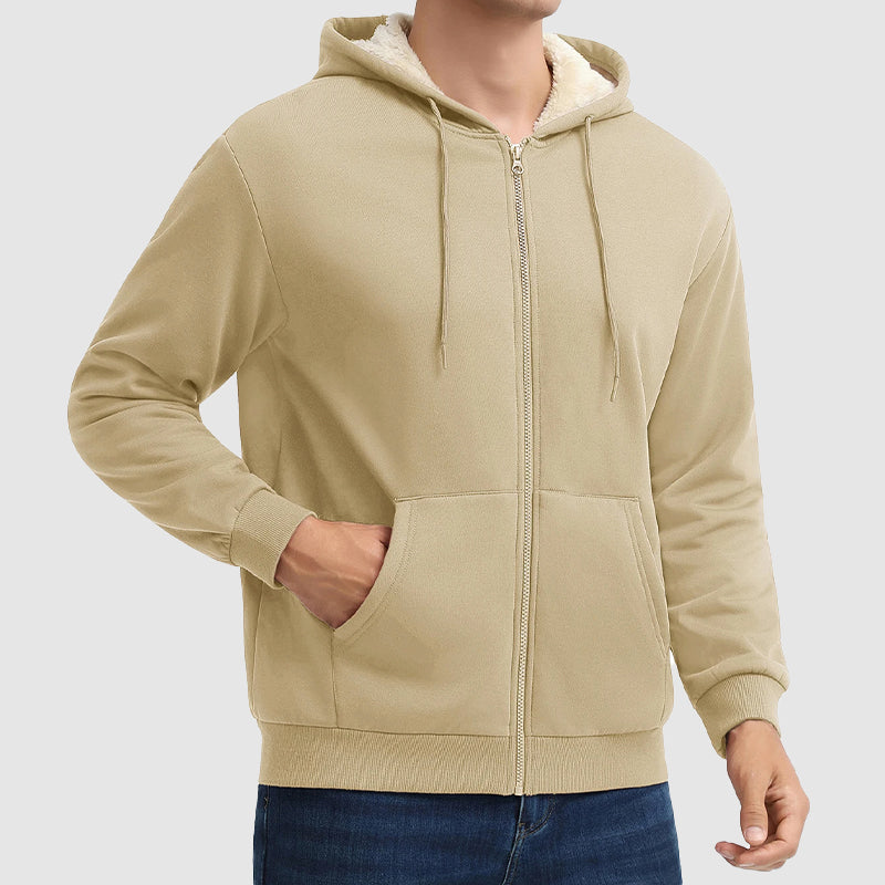 Warm Men's Sherpa-Lined Full Zip Hoodie with Multi-Pockets for Winter