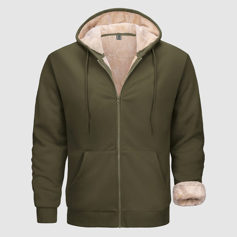 Warm Men's Sherpa-Lined Full Zip Hoodie with Multi-Pockets for Winter