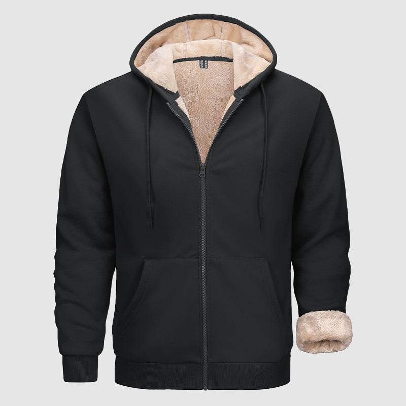 Warm Men's Sherpa-Lined Full Zip Hoodie with Multi-Pockets for Winter