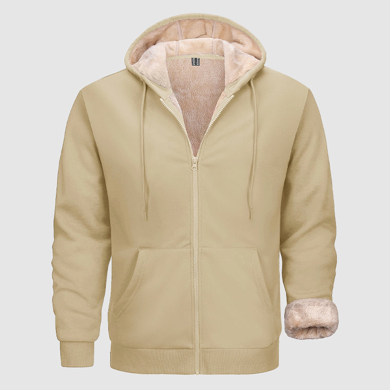 Warm Men's Sherpa-Lined Full Zip Hoodie with Multi-Pockets for Winter