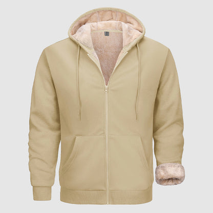 Warm Men's Sherpa-Lined Full Zip Hoodie with Multi-Pockets for Winter
