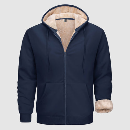 Warm Men's Sherpa-Lined Full Zip Hoodie with Multi-Pockets for Winter