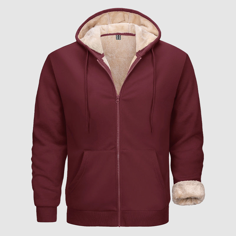 Warm Men's Sherpa-Lined Full Zip Hoodie with Multi-Pockets for Winter